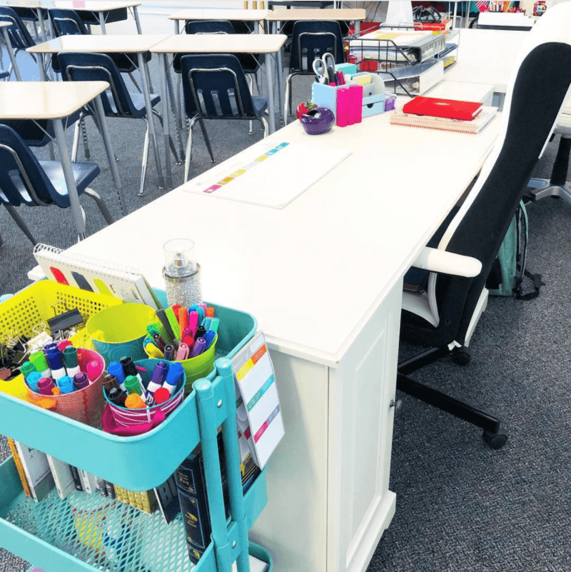 IKEA teacher desk organization for classroom setup #TeacherDesk #SecondaryELA