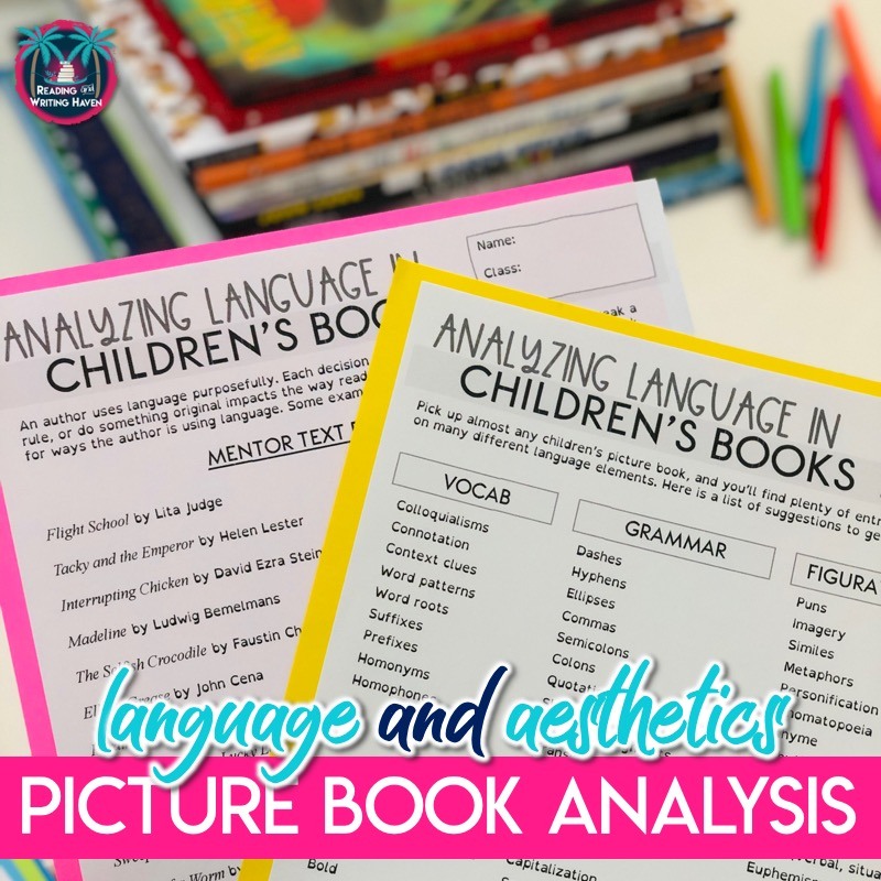 Engage students in a meaningful language mini lesson with these graphic organizers for picture book analysis. Look at vocabulary, figurative language, grammar, and aesthetics using any mentor text. #LiteraryAnalysis #PictureBooks #MiddleSchoolELA #ReadingWorkshop