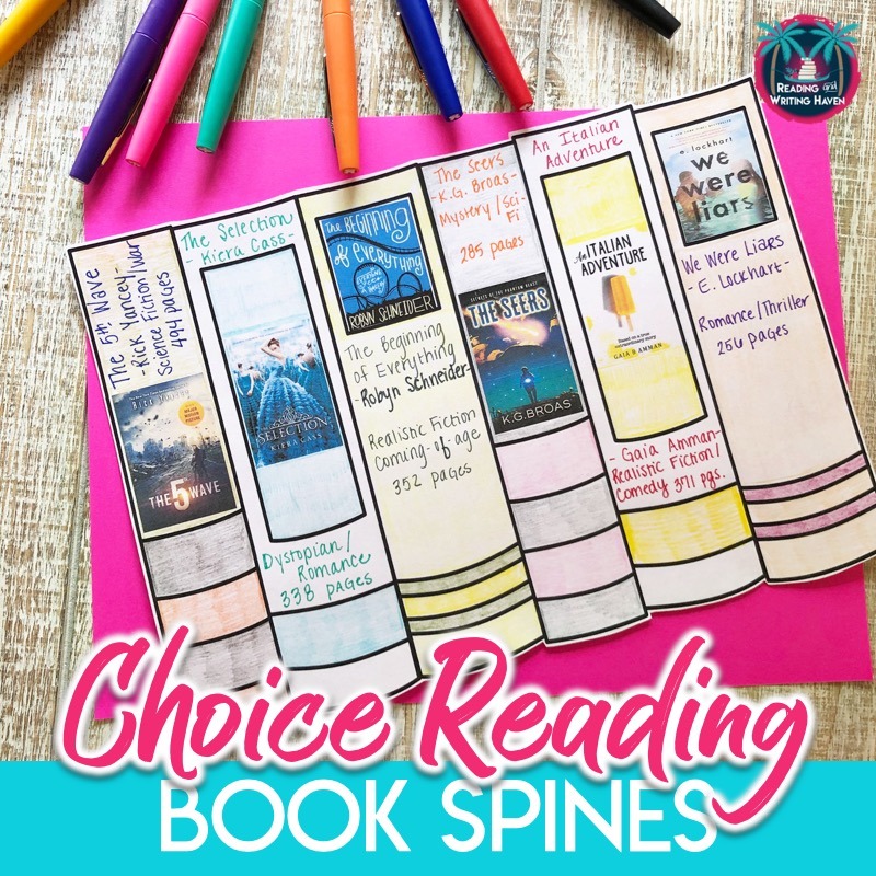 Book spines for tracking independent reading and creating a community of readers #ChoiceReading #BookSpines #IndependentReading #EnglishTeacher