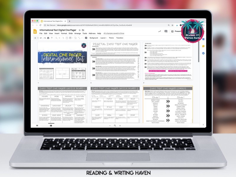 Digital one pager choice boards from Reading and Writing Haven